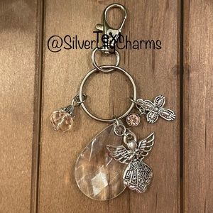 Guardian Angel & Cross With Acrylic Tear Drop Purse Charm / Keychain